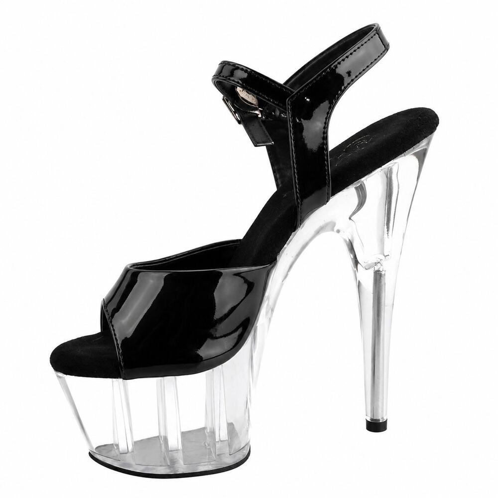 Pleaser Adore 709 Clear platform Heel sandals 8.5 Glossy Black Peep Toe Stiletto